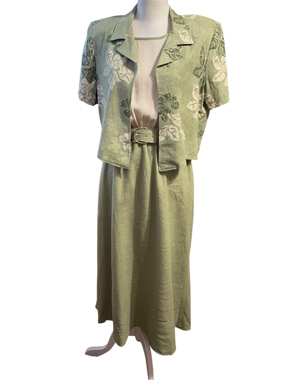 Vintage Peri Petites Linen Flax Dress Jacket Belt Set Green Cream Sz 14P USA 90s